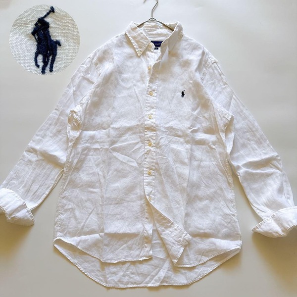 POLO RALPH LAUREN ポロ ラルフローレン CLASSIC FIT クラシックフィット 長袖 ホワイト リネン100 麻 ボタンダウン BDシャツ ポニー刺繍 M