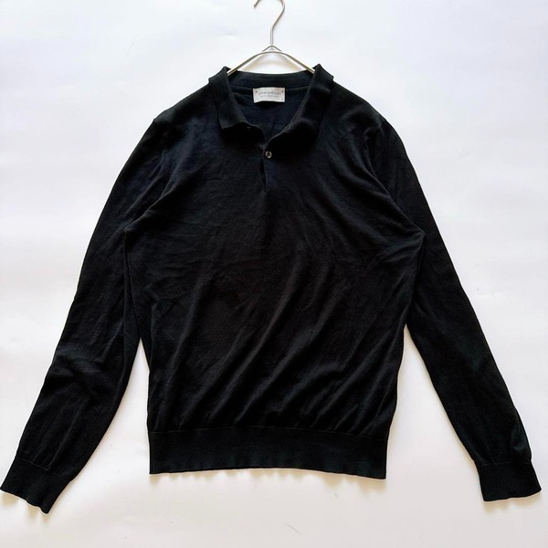 現行タグ JOHN SMEDLEY ジョンスメドレー 長袖 コットン ニットポロシャツ セーター 30G ハイゲージ ブラック 黒 S シーアイランドコットン