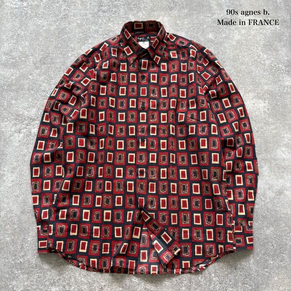 【agnes b. homme】Made in FRANCE アニエスベー 90s 長袖シャツ ボタンダウンシャツ 総柄 幾何学模様 フランス製 90年代 ヴィンテージ 38
