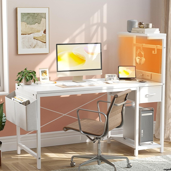 【ゲーム・仕事・勉強・在宅ワークに対応できる多用途デスク】 L字型デスク LED搭載 組立簡単 コンセント付き 多機能デスク ホワイト