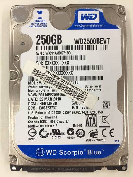 a◇515時間 Western Digital WD 2500BEVT 2.5インチHDD 『正常判定』 250GB