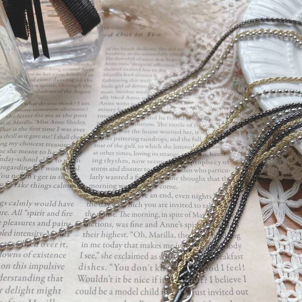 SALE!3連ロングチェーンネックレス ゴールド シルバー ブラック ボールチェーン ☆vintage jewelry accessories A118