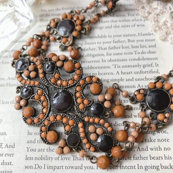 ヴィンテージアクセサリー チョーカーネックレス ブラウン キャメル アンティークゴールド☆vintage jewelry accessoriesR0806
