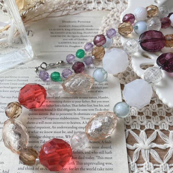 ロングネックレス カラービジュー 大ぶりビーズ カラフル マルチカラー 美品☆vintage jewelry accessories R0826