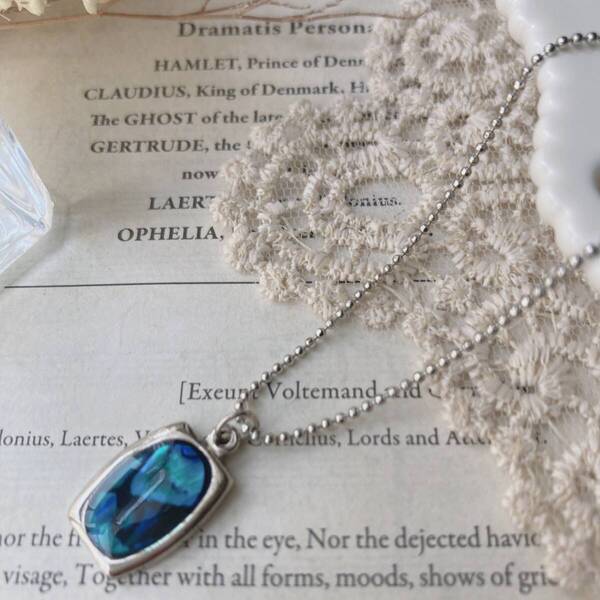 ネックレス ショート シルバートーン ブルー シェル ボールチェーン 美品☆vintage jewelry accessories R0833