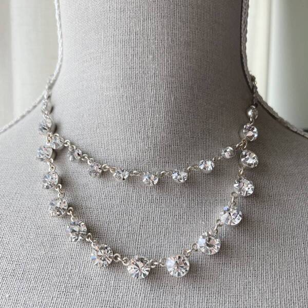 ネックレス ショート ダブルチェーン ダイヤ風 シルバートーン パーティー フォーマル 美品☆vintage jewelry accessories R0835