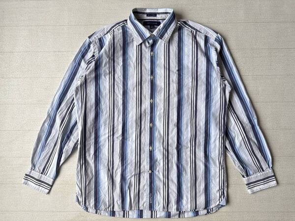 ☆送料無料☆ TOMMY HILFIGER トミーヒルフィガー USA直輸入 古着 長袖 ストライプ マチ付き 80’s 2Ply シャツ メンズ M ネイビー 中古
