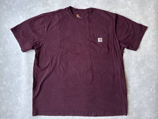 ☆送料無料☆ Carhartt カーハート USA直輸入 古着 半袖 胸ポケット付き Tシャツ メンズ 2XL オリジナルフィット ボルドー トップス 中古