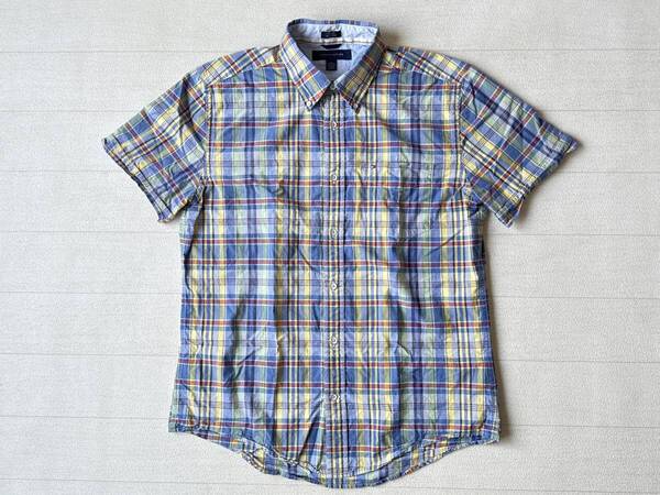 ☆送料無料☆ TOMMY HILFIGER トミーヒルフィガー USA直輸入 古着 半袖 チェック 胸ポケット付き ボタンダウン シャツ メンズ M ブルー
