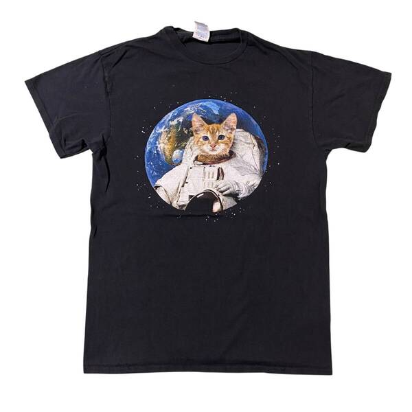 アメリカ古着 猫 ネコ 宇宙飛行士 アニマル プリント 半袖 Tシャツ US古着 クルーネック Mサイズ 【I1812】