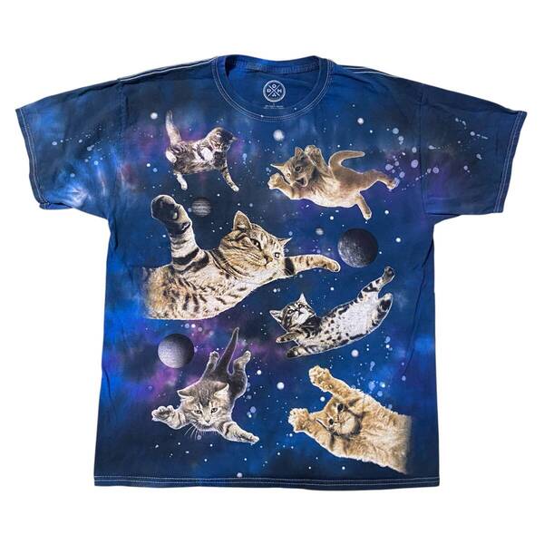 アメリカ古着 猫 ネコ 宇宙 タイダイ 半袖 Tシャツ アニマル プリント Lサイズ コットン 【I1859】
