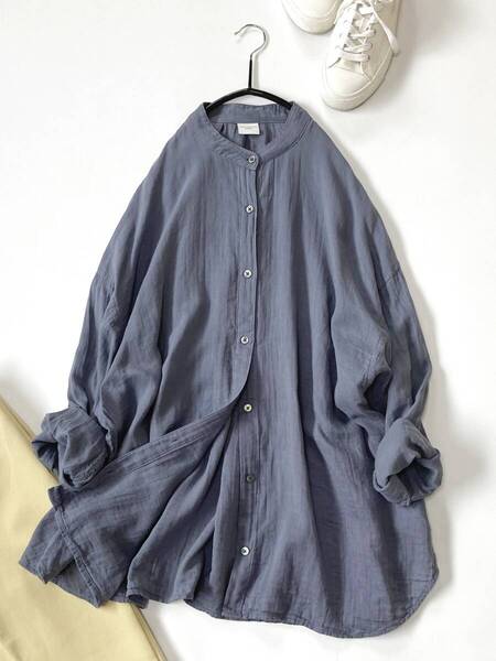 美品 URBAN RESEARCH DOORS アーバンリサーチドアーズ ブルー ダブルガーゼスタンドカラーシャツ