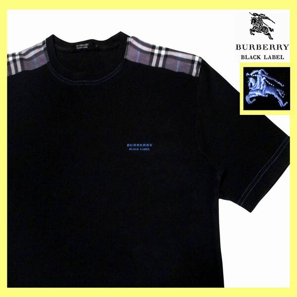 美品!大人気ショルダーノバチェックデザイン!Tシャツ 日本製 M(2)◇バーバリーブラックレーベル BURBERRY BLACK LABEL ホース刺繍