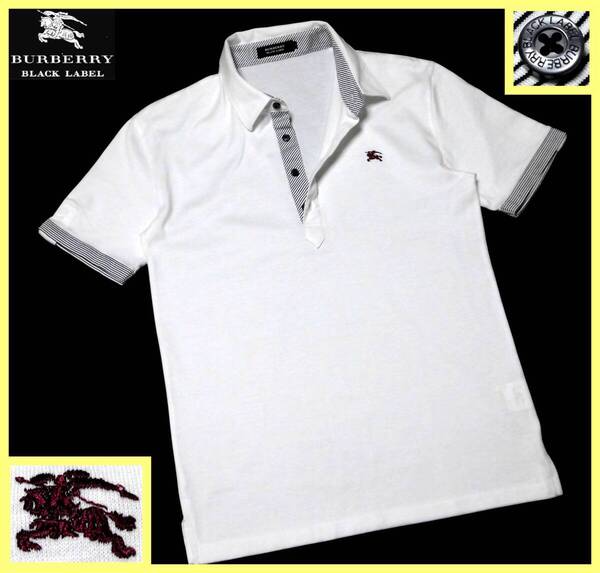 美品!襟内・前立て・袖口ストライプデザイン!ポロシャツ 日本製 M(2)◇バーバリーブラックレーベル BURBERRY BLACKLABEL ホース刺繍