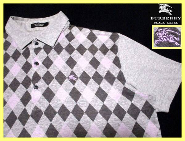 大人気 L(3)!美品!前身頃アーガイルデザイン ポロシャツ 日本製 夏◇バーバリーブラックレーベル BURBERRYBLACKLABEL ホース刺繍