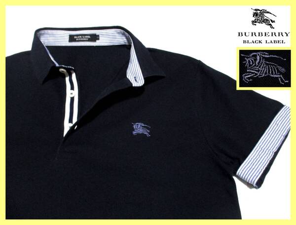 襟内・袖口裏ボーダーデザイン 前立てライン ポロシャツ 日本製 M(2) 夏◇バーバリーブラックレーベル BURBERRYBLACKLABEL ホース刺繍