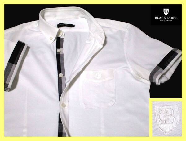 美品!前立て・袖口裏CBチェックデザイン!BDシャツ M(2) 半袖 夏 ブラックレーベルクレストブリッジ BLACKLABEL CRESTBRIDGE バーバリー
