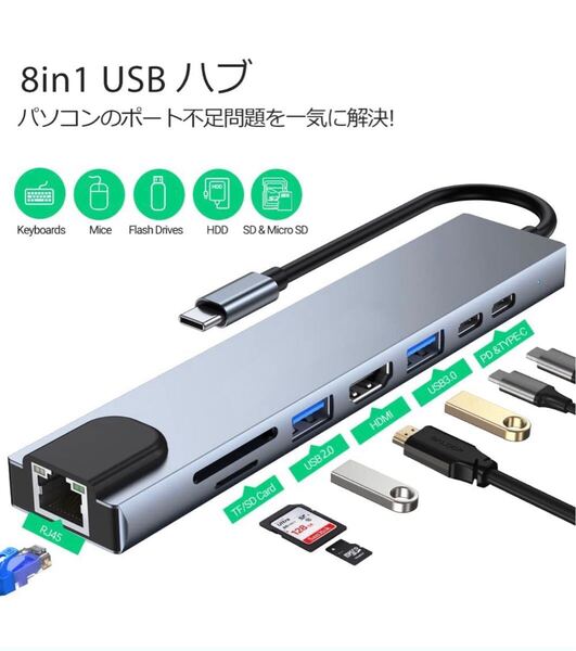 USB C ハブ アダプタ 8in1 Type-C USBハブ 4K HDMI出力 USB3.0 SD/TFカードリーダー LANボート