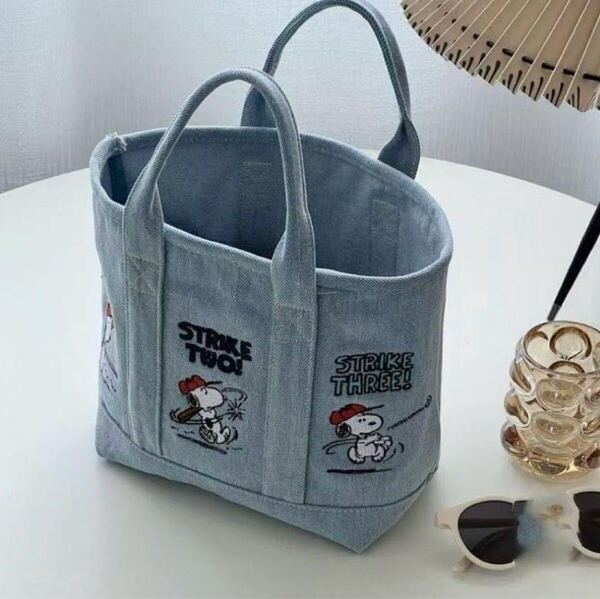 新品未使用 スヌーピー デニムトートバッグ 野球 刺繍 SNOOPY ベースボール