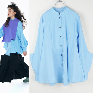 ENFOLD エンフォルド 25SS完売 FLARE SHIRT Sax 変形フレアシャツ サックス38(ワンサイズ展開) nagonstans ブルー ノーカラー ブラウス