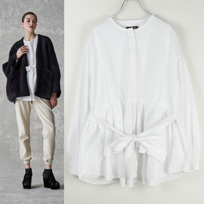 Drawer ドゥロワー 22AW コットンドビー ペプラム ノーカラーブラウス36ホワイト BLAMINK ウエストベルトシャツ フレア