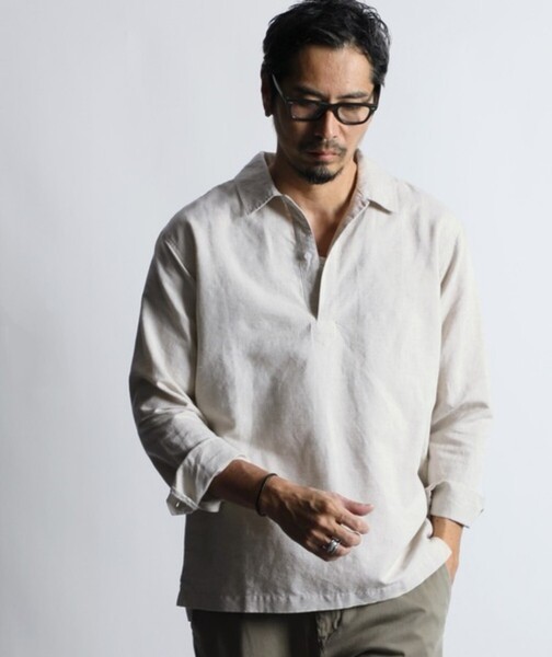 The DUFFER of ST.GEORGE LINEN BLEND SKIPPER SHIRT:リネンブレンド 綿麻素材 スキッパーシャツ【S】【Beige】【2023/SS】