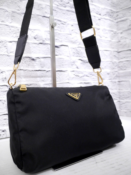 美品◆PRADA プラダ テスート ナイロン x レザー クロスボディ ショルダー バッグ カメラ バッグ ポーチ ポシェット 黒x金◆ レアモデル♪