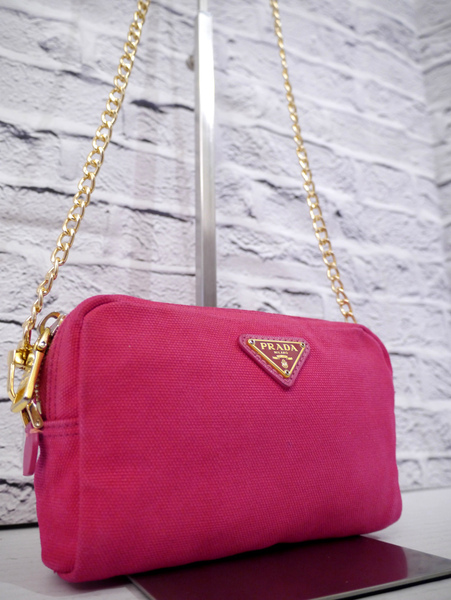 美品◆ PRADA プラダ CANAPA カナパ キャンバス クロスボディ チェーンストラップ ショルダー バッグ カメラ バッグ ポーチ ピンクx金◆