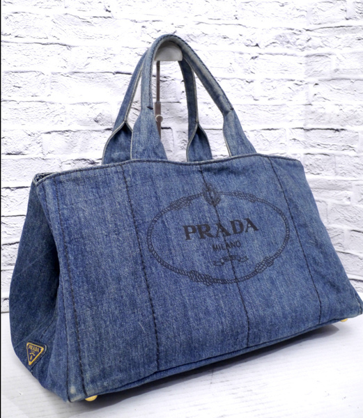 ◆PRADA プラダ CANAPA カナパ 大容量 サイド開閉 デニム地 ショッパー トート ハンド バッグ 青x黒◆ 使い勝手抜群!大容量の定番モデル♪