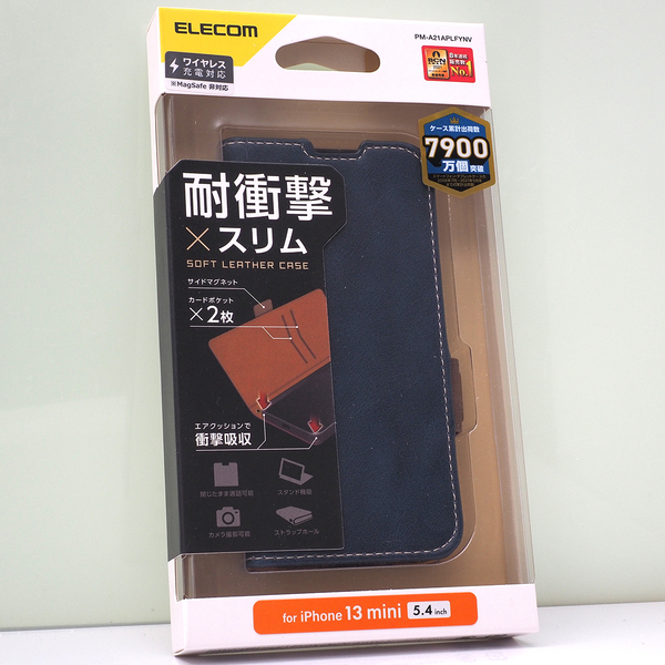 Apple iPhone 13 mini (5.4インチ)用 耐衝撃 薄型 手帳型ケース ソフトレザー ケース ステッチ 磁石付き ネイビー 未使用品 iPhone13mini