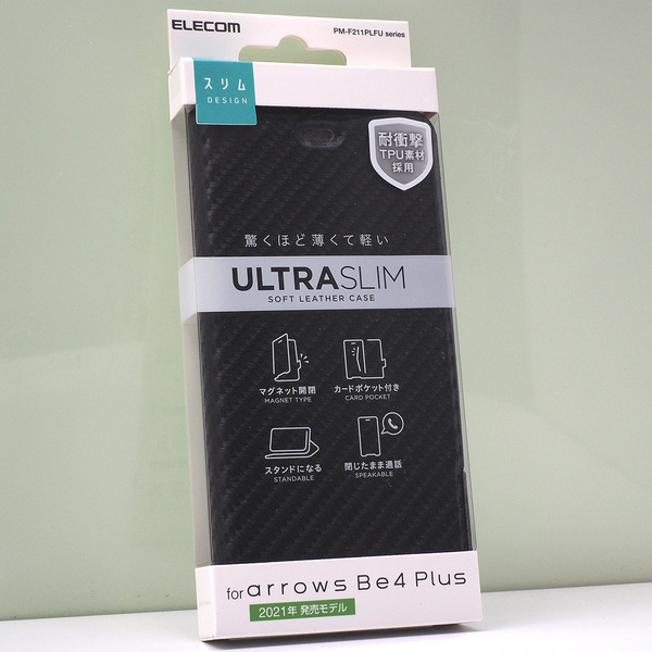 アローズ arrows Be4 Plus (docomo F-41B) 用 薄型 軽量 手帳型ケース 磁石付 耐衝撃TPU ソフトレザー ケース カーボン調ブラック 未使用品
