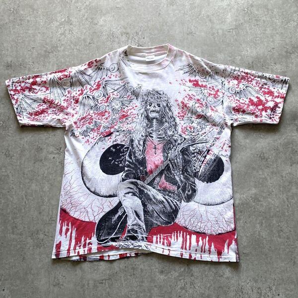 激レア 90s ビンテージ 手刷り 総柄 AOP Spiderweb スパイダーウェブを着たスカル ギタリスト Tシャツ フライングアイ アイボール XL
