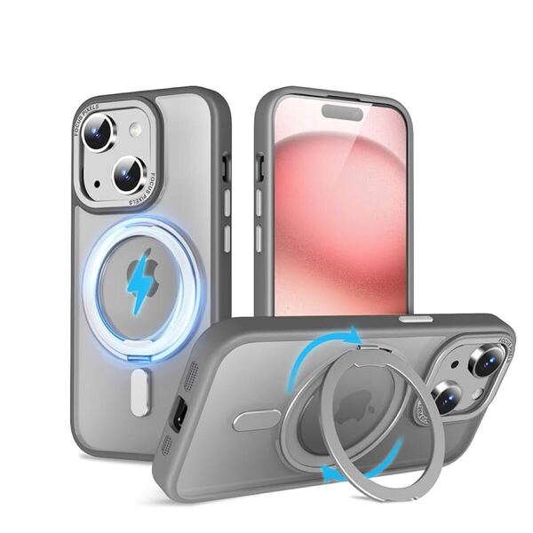 2311007☆ QUEASON 互換品 スマホケース【iPhone 15Plus 用 MagSafe対応 ケース】360°回転スタンド ワイヤレス充電対応(グレー)
