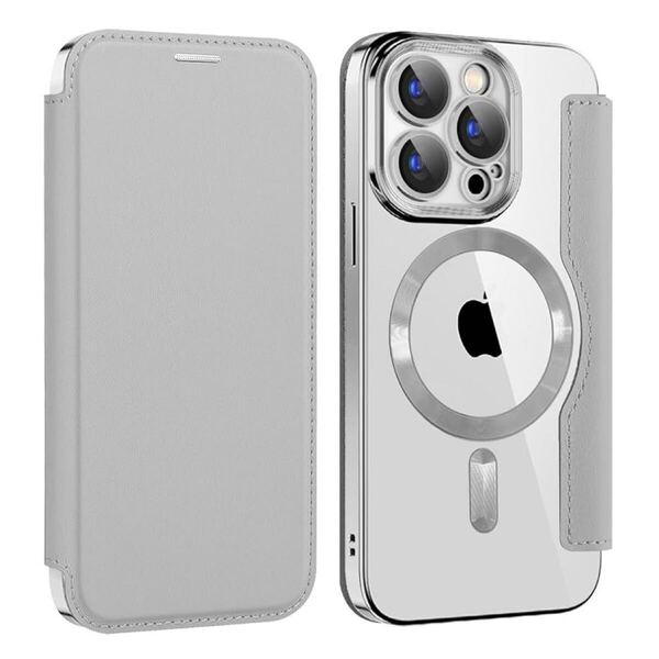 2311015☆ 【REHOOF】iPhone 16 pro ケース 手帳型 magsafe対応 6.3インチ 背面 透明 クリア 財布型 アイフォン 16 プロ ケース(グレー)