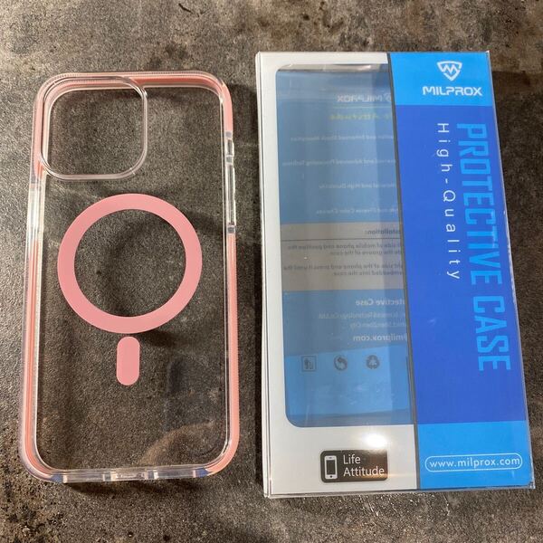 2303510☆ MILPROX iPhone 15 Pro Max 用 ケース Magsafe対応 マグネット搭載 米軍MIL規格 超耐衝撃 防滑ストライプ 6.7インチ ピンク