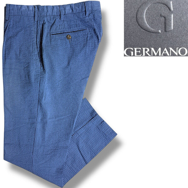 J6357 美品 ジェルマーノ シアサッカー ワンプリーツパンツ ネイビー 46 GERMANO