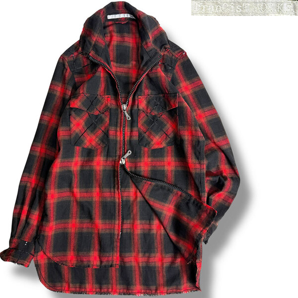 J5182美品 フランシストモークス オンブレチェックシャツジャケット レッド 2 Spangle Ombre Check Zip-Up Shirt Jacket FranCisT_MOR.K.S.