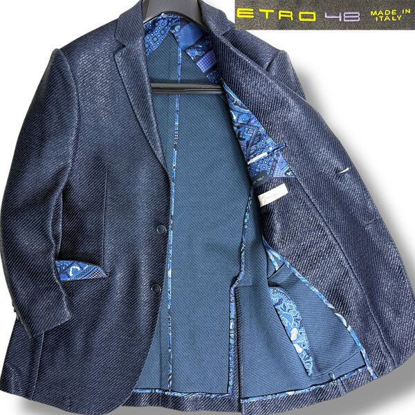 J5157 超美品 エトロ ニュージャージー ストロー素材 ペイズリー柄裏地テーラードジャケット ネイビー 48 ETRO