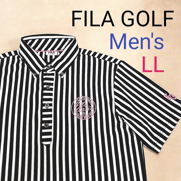 【超美品】FILA GOLF フィラゴルフ メンズLL ゴルフポロシャツ ポロシャツ ゴルフシャツ ストライプ 立体ロゴ ロゴ刺繍 半袖ポロシャツ