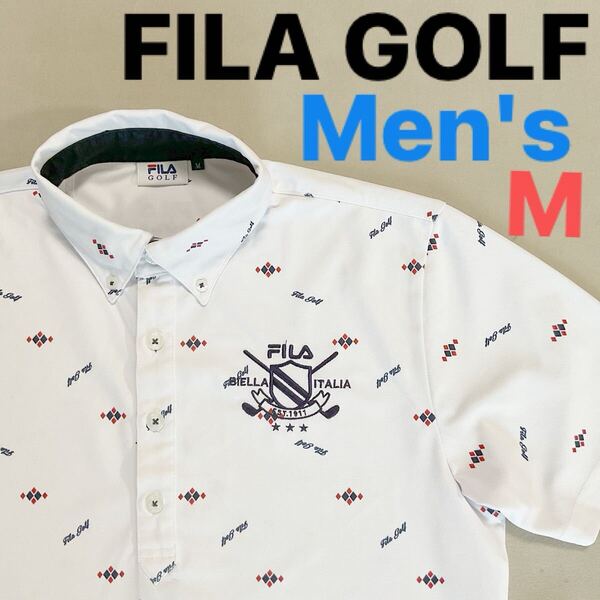 【超美品】FILA GOLF フィラゴルフ メンズM ボタンダウン 半袖シャツ ゴルフポロシャツ ゴルフウェア ゴルフ半袖ポロシャツ 総柄