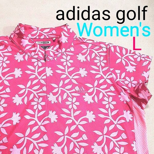 【超美品】adidas golf アディダスゴルフ レディースL 半袖ゴルフポロシャツ ゴルフシャツ ゴルフウェア 総柄 落ち着いたピンク