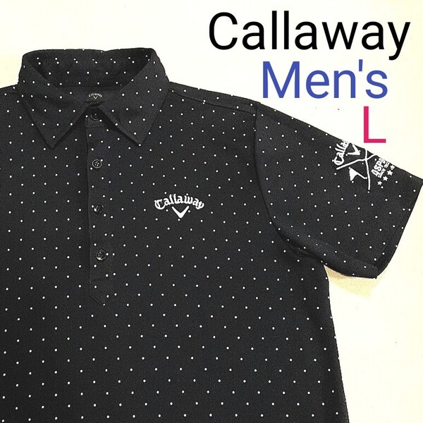 【超美品】Callaway キャロウェイ メンズL ゴルフポロシャツ ゴルフシャツ ゴルフウェア 半袖ポロシャツ ロゴ刺繍 濃紺 ドット 水玉