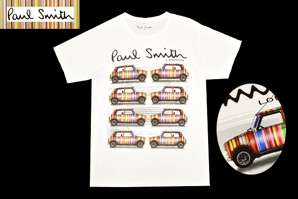 Y-9194★送料無料★美品★Paul Smith LONDON ポールスミス★ホワイト白色 ストライプ 車 半袖 T-シャツ XL