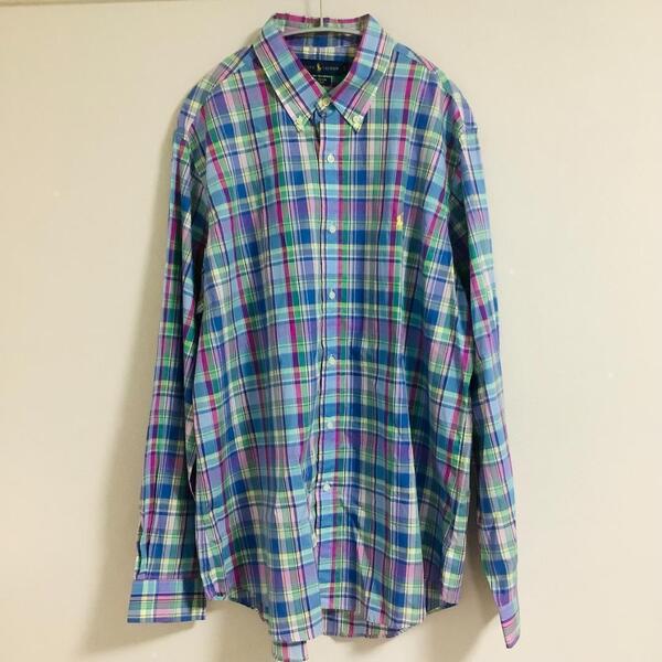 【即完売XLサイズ】ポロラルフローレン 長袖シャツ ゆったり90’S マドラスチェック ボタンダウン ポニー刺繍 ブルー コットン ビッグ 春夏