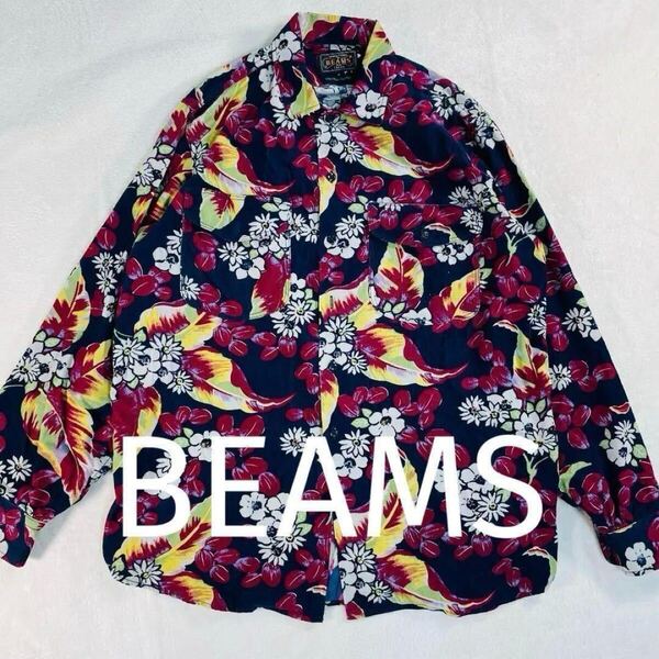 ビームス BEAMS BEAMSプラス シャツ アロハシャツ 開襟 ハワイアン フラワー柄 花柄 レトロ 総柄 長袖 コットン 日本製 メンズ Mサイズ