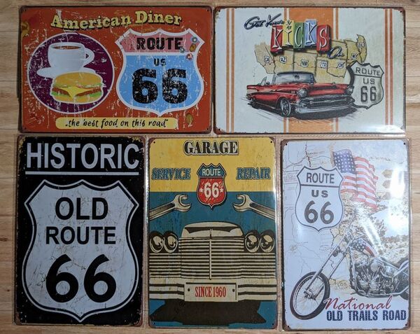 ブリキ看板 5枚 ☆ ルート66 アメ車 ROUTE66 モーターサイクル ハンバーガー コーヒー ガレージ 整備 ディナー メタルプレート