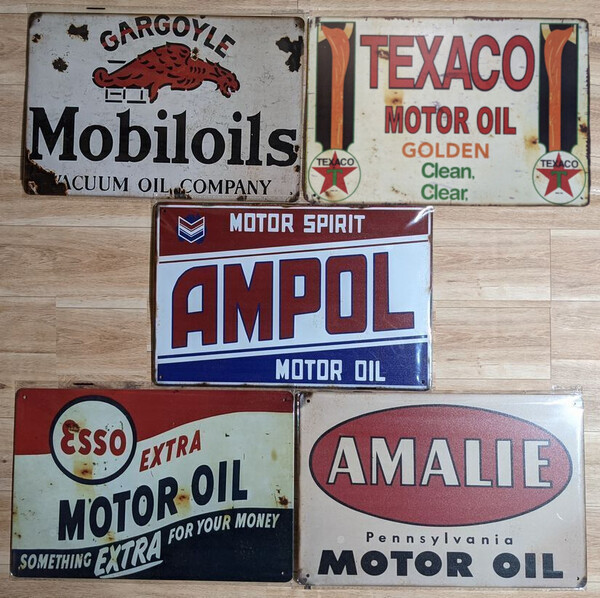 ブリキ看板 5枚 ☆ モーターオイル MOTEROIL AMPOL MOBIL AMALIE Esoo メタルプレート