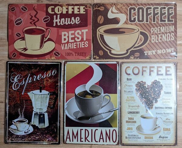 ブリキ看板 5枚 ☆ 喫茶店 コーヒー 珈琲 COFFEE AMERICANO エスプレッソ メタルプレート