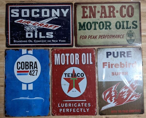 ブリキ看板 5枚 ☆ モーターオイル MOTEROIL TEXACO SOCONY アメ車 自動車 メタルプレート