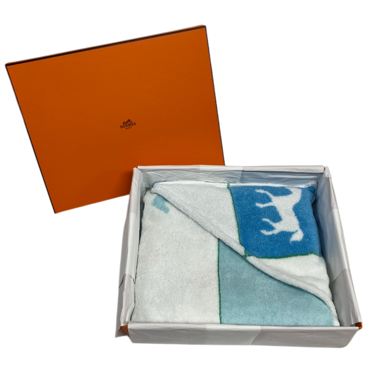 【タグ付き/極美品】HERMES エルメス バスタオル ブルー ホワイト HERMES - エルメス HERMES タオル バスタオル コットン ホワイト